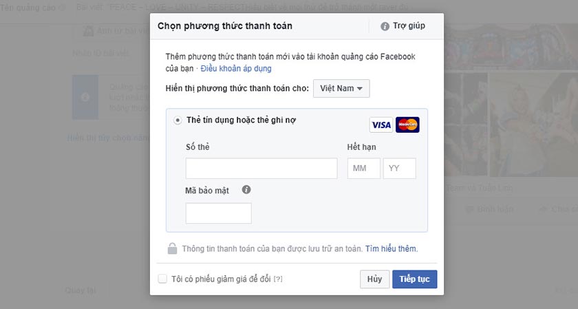Chạy quảng cáo Facebook bằng visa thêm phương thức thanh toán