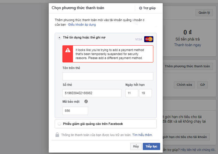 Lỗi phương thức thanh toán Facebook bị từ chối